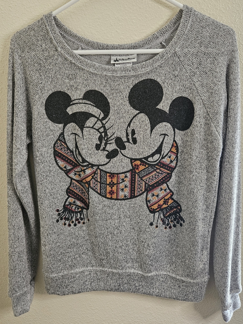 Disney Heather Gray Crewneck Sweatshirt with Mickey & Minnie Scarf Graphic